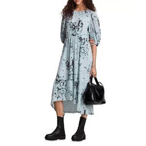 AllSaints Blue Black Tie Dye Puff Sleeve Sadie Midi Dress, Size 8